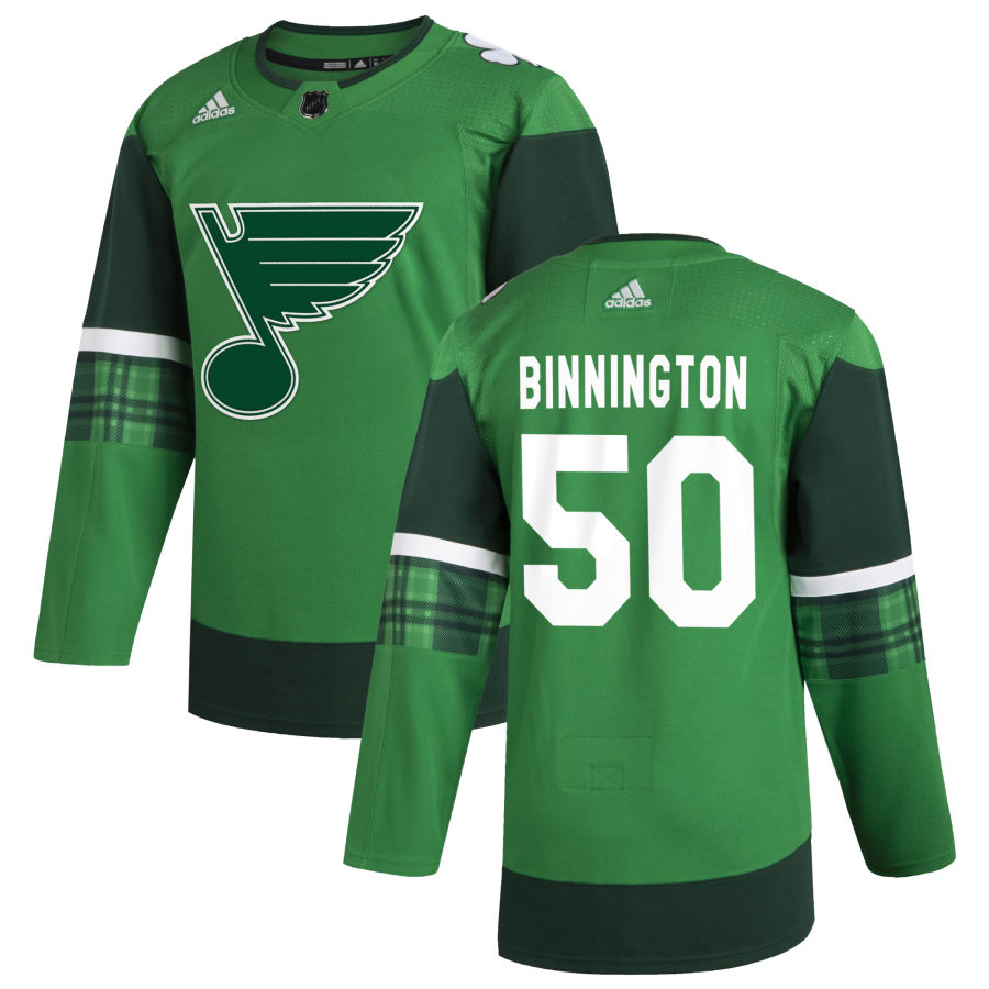 St. Louis Blues 50 Jordan Binnington Men Adidas 2020 St. Patrick Day Stitched NHL Jersey Green